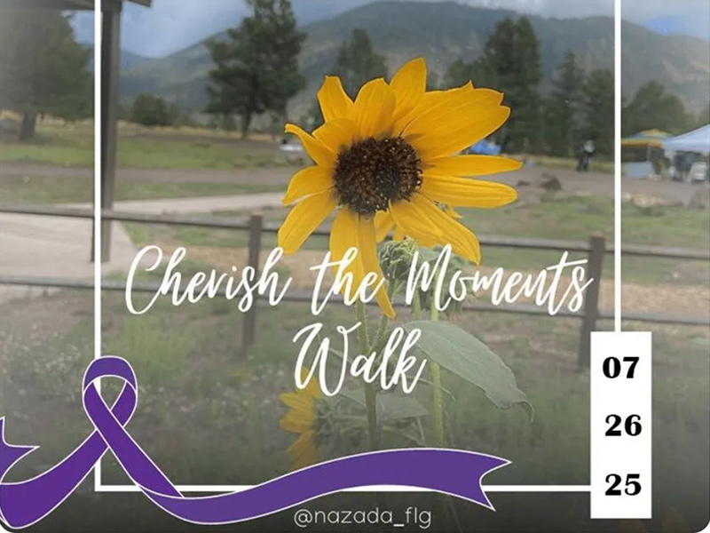 Northern Arizona Alzheimer's and Dementia Alliance annual Cherish the Moments Walk promo photo with a sunflower over a background at a park, the San Francisco Peaks in the far distance